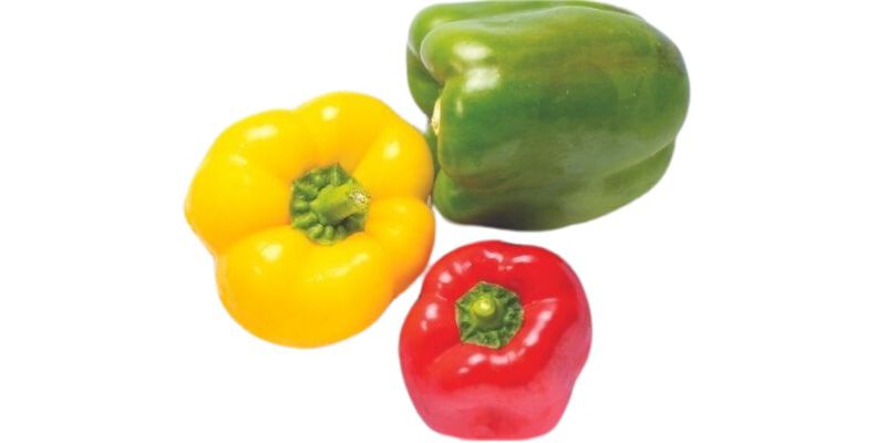 rumena, rdeča in zelena paprika na beli podlagi